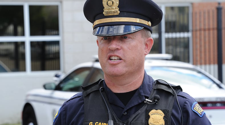Dayton police Sgt. Gordon Cairns addresses traffic safety during a Sept. 9, 2021, media briefing. MARSHALL GORBY\STAFF
