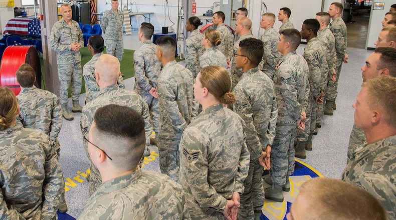 FILE: Maj. Gen. Bradley D. Spacy, Air Force Installation and Mission Support Center commander, speaks with Airmen of the Wright-Patterson Air Force Base Honor Guard in their training facility during a visit to the installation July 12, 2018. (U.S. Air Force photo/John Harrington)