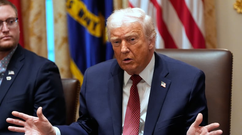 President Donald Trump speaks during a roundtable on farm subsidies in the Cabinet Room of the White House, Monday, Dec. 8, 2025, in Washington. (AP Photo/Alex Brandon)