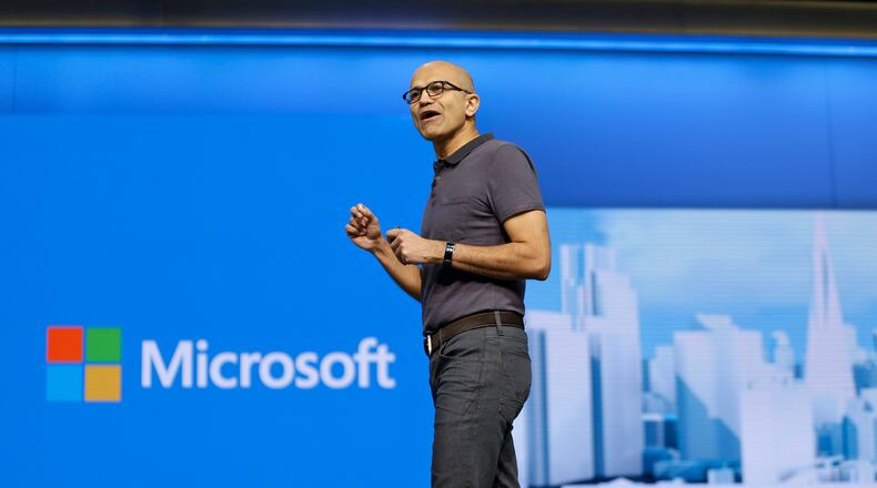 FILE - In this Wednesday, March 30, 2016, file photo, Microsoft CEO Satya Nadella delivers the keynote address at the Microsoft Build Conference, in San Francisco. On Thursday, Oct. 20, 2016, Microsoft reports financial results. (AP Photo/Eric Risberg, File)
