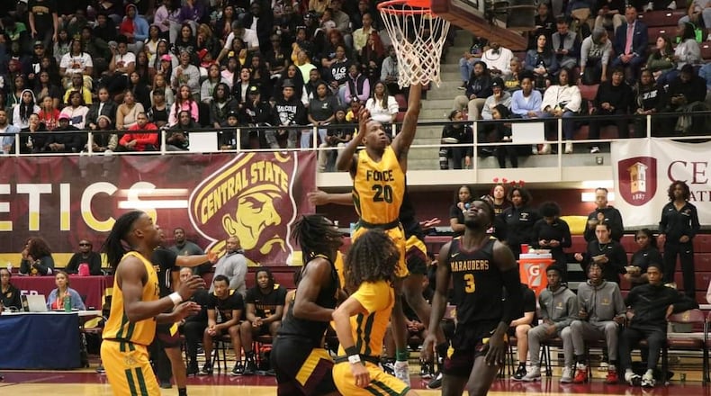 Wilberforce guard Rasaad Pettis scores two of his 16 points Tuesday night in the Bulldogs 91-65 upset of Central State in The Battle of Wilberforce. CSU Athletics photo