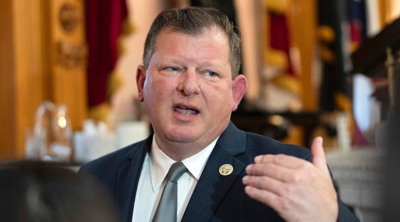 FILE - Ohio House Speaker Jason Stephens speaks to members of the media following a session of the Ohio House of Representatives in the Ohio Statehouse House Chamber on Wednesday, April 24, 2024, in Columbus, Ohio. (AP Photo/Carolyn Kaster, File)