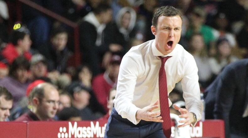 Massachusetts coach Matt McCall reacts to a play during a game against Dayton on Saturday, Feb. 3, 2018, at the Mullins Center in Amherst, Mass. David Jablonski/Staff