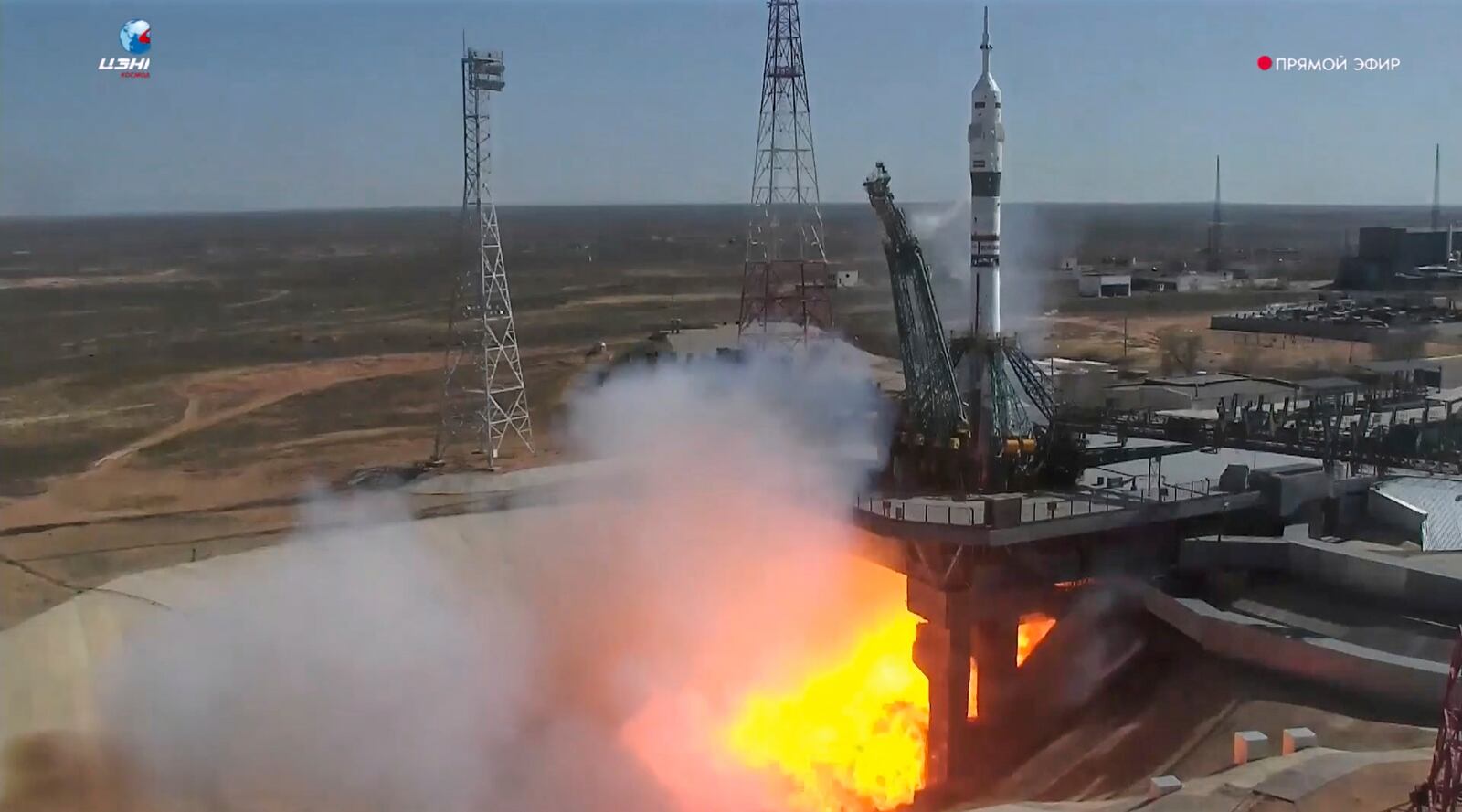 In this photo taken from video released by Roscosmos space corporation, a Russian Soyuz rocket carrying a Soyuz MS-27 spacecraft with NASA astronaut Jonny Kim and Roscosmos cosmonauts Sergey Ryzhikov and Alexey Zubritsky, lifts off for the International Space Station from the Russian leased Baikonur cosmodrome, Kazakhstan, Tuesday, April 8, 2025. (Roscosmos space corporation, via AP)