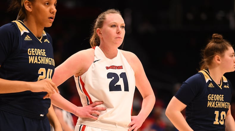 Dayton’s Erin Whalen scored a team-high 15 points in the Flyers’ win over George Washington at UD Arena on Feb. 19, 2020. Erik Schelkun/CONTRIBUTED