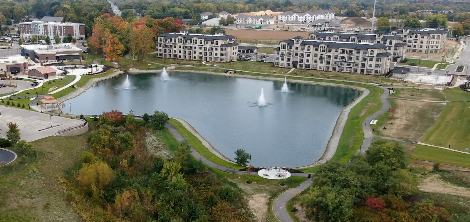 An aerial view of the Cornerstone of Centerville North mixed-use development at Wilmington Pike and Feedwire Road. The 156-acre site features more than 427,000 square feet of retail space. CONTRIBUTED PHOTO