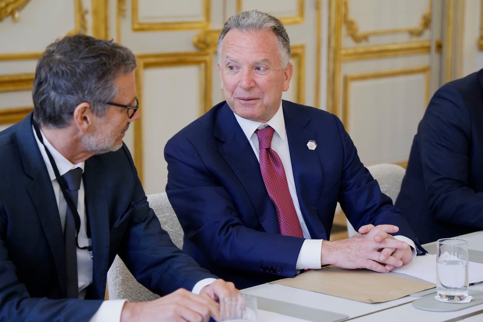 Germany national security advisor Jens Plotner, left, and U.S. Special Envoy Steve Witkoff speak during a meeting at the Elysee Palace in Paris, Thursday, April 17, 2025. (Ludovic Marin, Pool Photo via AP)