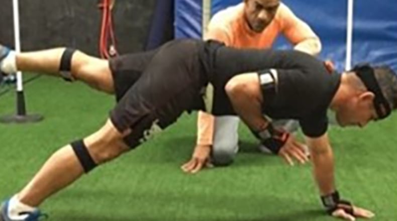 The Air Force Research Laboratory has teamed with small business partners Engineering Sports Performance LLC and RippleWorx Inc. to develop, refine and validate innovative training methodologies based on engineering principles. Ed Downs, CEO of Engineering Sports Performance, assesses a client during a training session, modeled in the image on the right via a 3D motion capture suit. U.S. AIR FORCE GRAPHIC