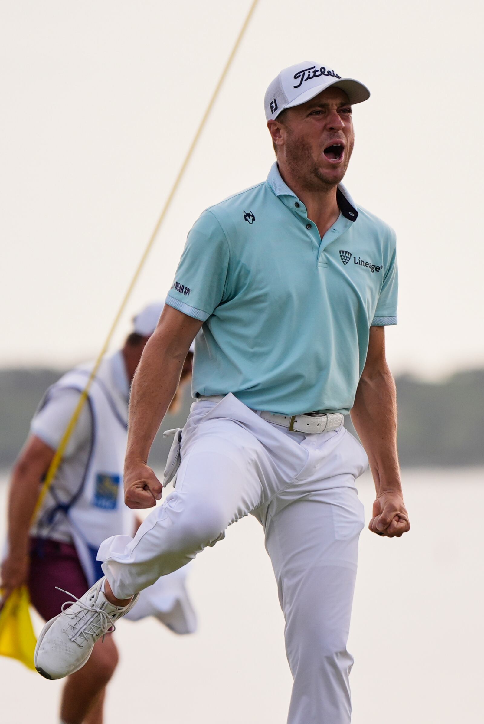 Justin Thomas celebrates after winning the RBC Heritage golf tournament, Sunday, April 20, 2025, in Hilton Head Island, S.C. (AP Photo/Mike Stewart)