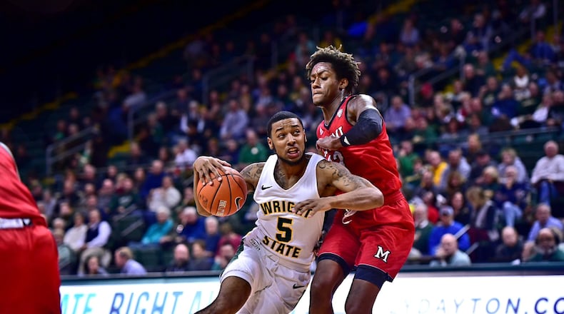 Wright State’s Skyelar Potter drives to the hoop during Wednesday night’s game vs. Miami at the Nutter Center. Joseph Craven/CONTRIBUTED