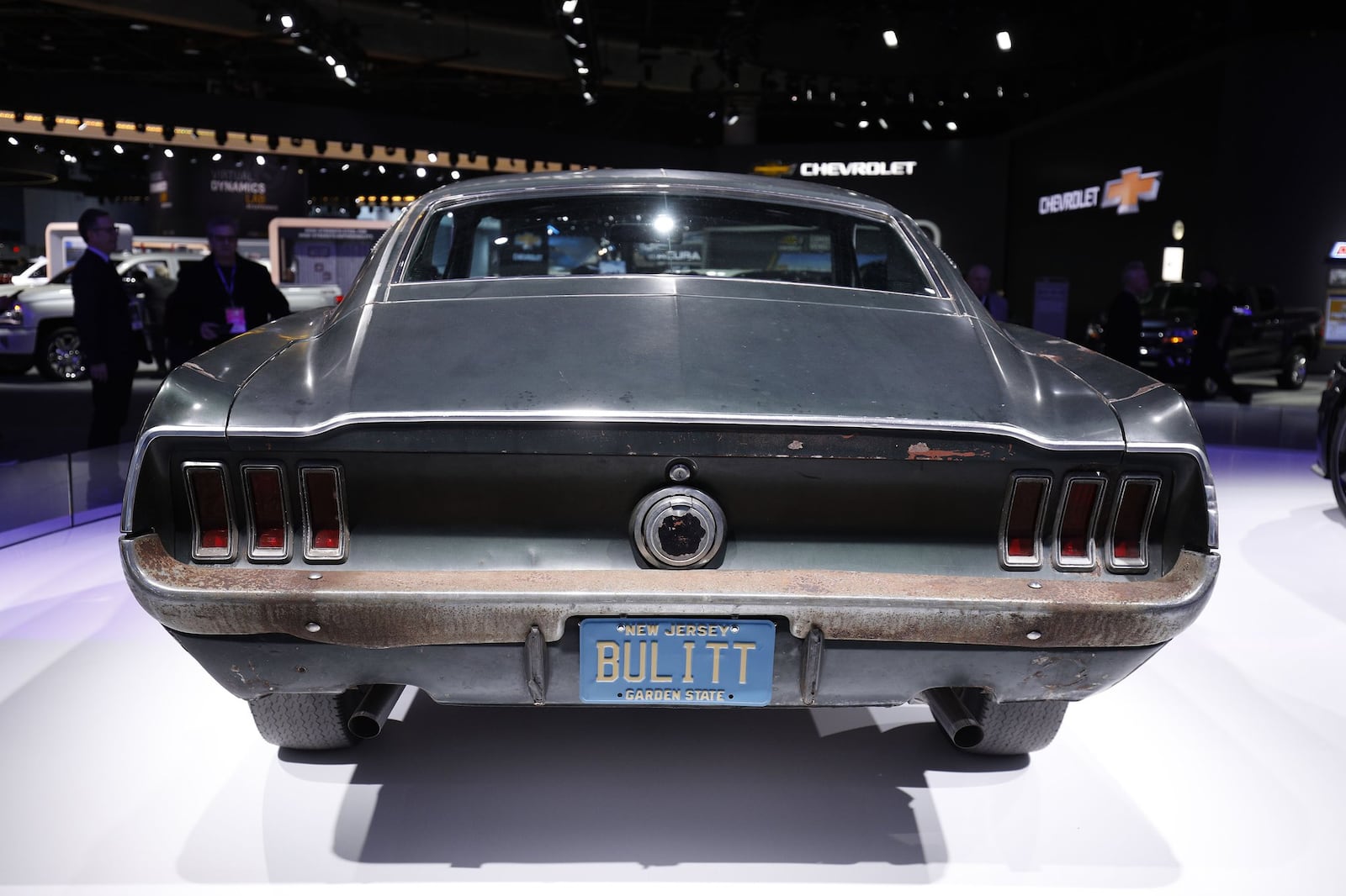 The original 1968 Ford Mustang Bullitt movie car is shown on display at the Ford exhibit at the 2018 North American International Auto Show Jan. 15 in Detroit, Michigan. (Photo by Bill Pugliano/Getty Images)