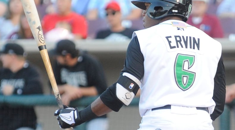 Dragons outfielder Phillip Ervin at bat against the South Bend Silver Hawks (Diamondbacks) at Dayton’s Fifth Third Field on Saturday, Aug. 2, 2014. MARC PENDLETON / STAFF