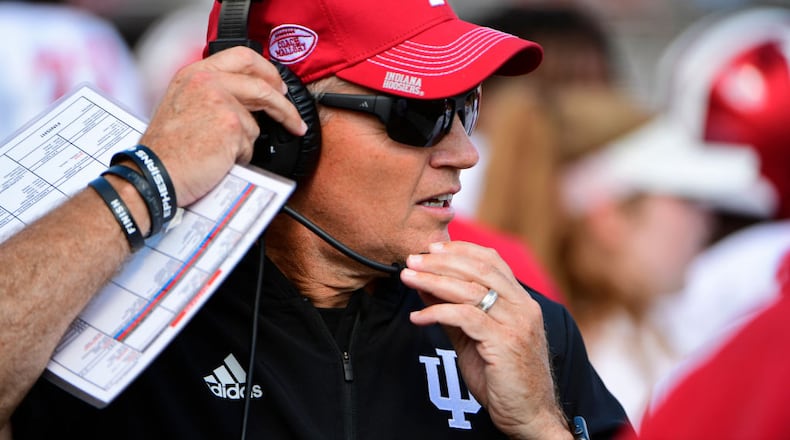 PISCATAWAY, NJ - SEPTEMBER 29: Head Coach Tom Allen of the Indiana Hoosiers adjusts his headset during the third quarter against the Rutgers Scarlet Knights at HighPoint.com Stadium on September 29, 2018 in Piscataway, New Jersey. Indiana won 24-17. (Photo by Corey Perrine/Getty Images)