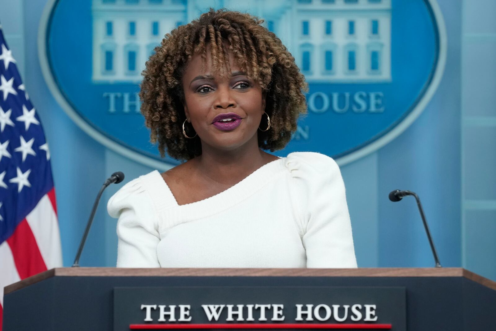 FILE - White House press secretary Karine Jean-Pierre speaks during the daily briefing at the White House in Washington, Wednesday, Nov. 13, 2024. (AP Photo/Susan Walsh, File)