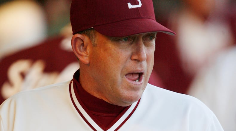 Stanford coach Mark Marquess cheers on his team during a baseball game against California in Stanford, Calif., on March 2, 2007. (Darryl Bush/San Francisco Chronicle via AP)