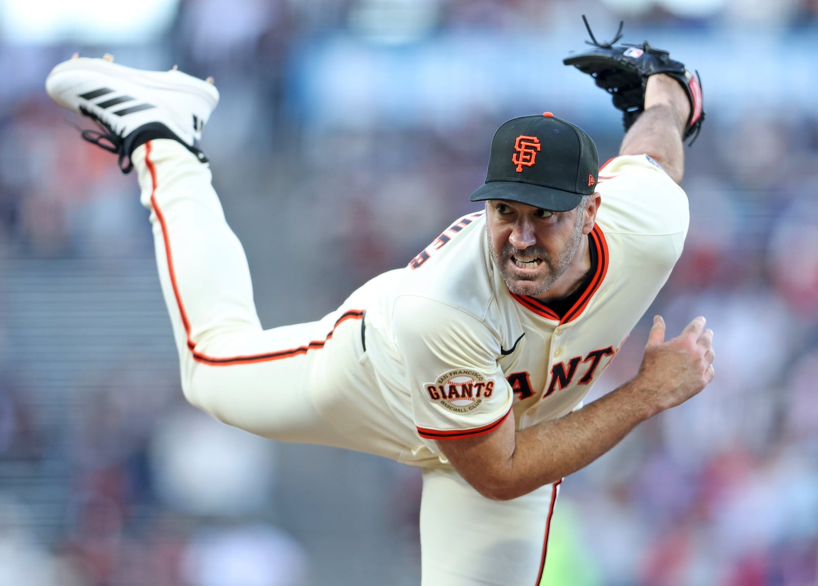 San Francisco Giants' starting pitcher Justin Verlander follows through in 1st inning against Cleveland Guardians during MLB game at Oracle Park in San Francisco on Wednesday, June 18, 2025. (Scott Strazzante/San Francisco Chronicle via AP)