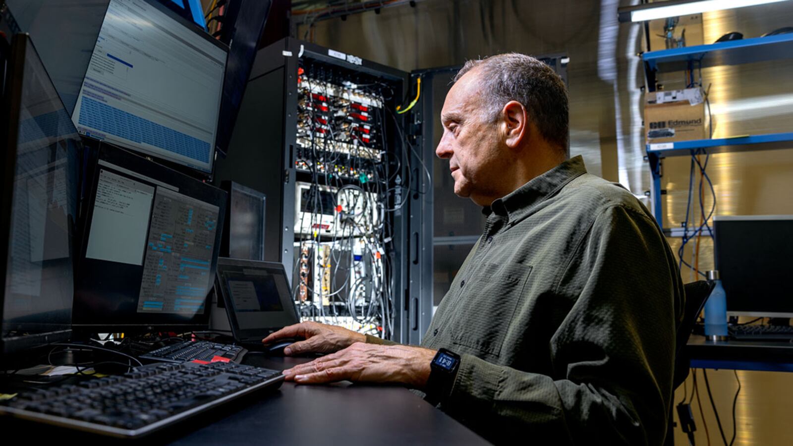 Matt Miller, professor of mechanical and aerospace engineering in Cornell's College of Engineering, at work in the Cornell High Energy Synchrotron Source. Miller is principal investigator for the Materials Solutions Network at CHESS, which provides dedicated access to two X-ray beamlines for the Air Force and other Department of Defense researchers, as well as original equipment manufacturers, to improve the performance and safety of new and existing materials and designs for military components, targeting issues such as fatigue and residual stress. CONTRIBUTED PHOTO/JASON KOSKI