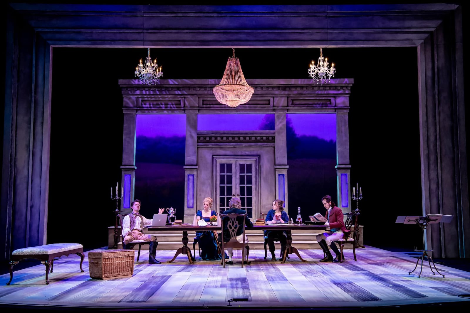 Left to right: Desmond Kingston (Valentine Coverly), Lily Rowan (Chloe Coverly), Dominic Cullen (Gus Coverly/Augustus Coverly), Dani Grace Nissen (Hannah Jarvis) and Kyle Channell (Septimus Hodge) in Wright State University's production of "Arcadia." PHOTO BY WRIGHT STATE THEATRE