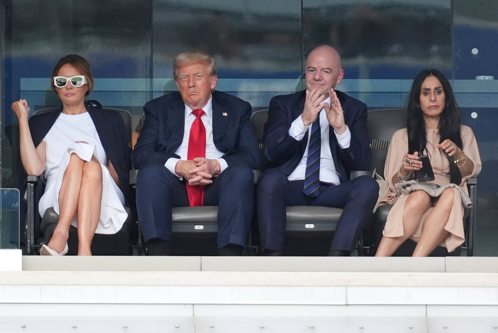 Leena Al Ashqar, from right, her husband FIFA President Gianni Infantino, President Donald Trump and first lady Melania Trump look on at the conclusion of the Club World Cup final soccer match, at MetLife Stadium in East Rutherford, N.J., Sunday, July 13, 2025. (AP Photo/Jacquelyn Martin)