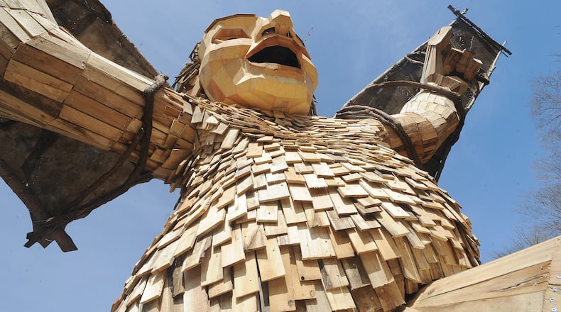 Artist Thomas Dambo has a troll exhibit at the Aullwood Audubon. The trolls Bo, Bodil and Bibbi and their troll-sized nest have found their home in Dayton. "The Troll That Hatched an Egg" is one of only nine Dambo-created exhibitions in the United States and Puerto Rico. MARSHALL GORBY\STAFF