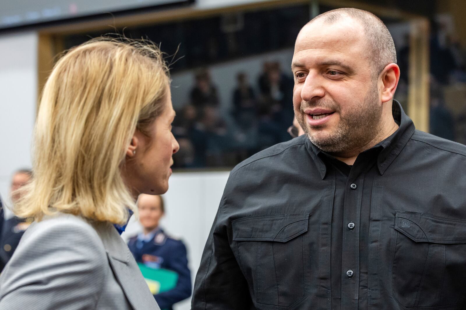 Ukraine's Defense Minister Rustem Umerov, right, talks with European Union foreign policy chief Kaja Kallas during a meeting of the Ukraine Defence Contact Group at NATO headquarters in Brussels, Friday, April 11, 2025. (AP Photo/Geert Vanden Wijngaert)