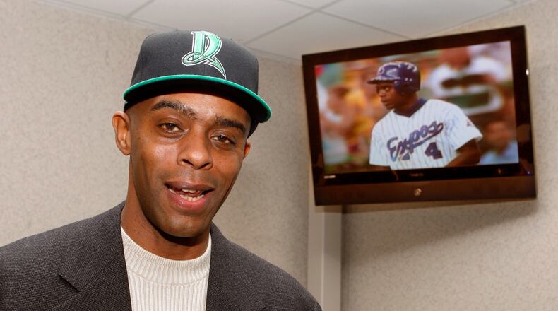 Former second baseman for the Montreal Expos and the Baltimore Orioles Delino DeShields is introduced as the Dragon's new manager during a press conference at Fifth Third Field.