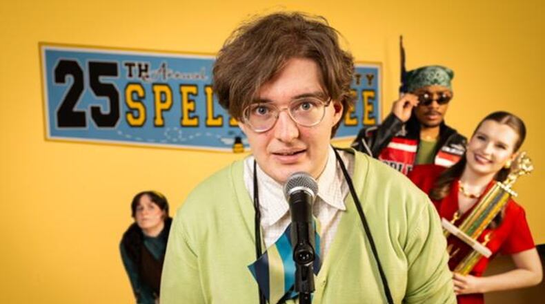 Left to right: Sara Ashley Tuohy (Logainne Schwartzandgrubenniere), James Newton (William Barfee), Blaise D-B (Mitch Mahoney), and Lindsay Bates (Rona Lisa Peretti) in Wright State University's production of "The 25th Annual Putnam County Spelling Bee." PHOTO BY SCOTT ROBBINS