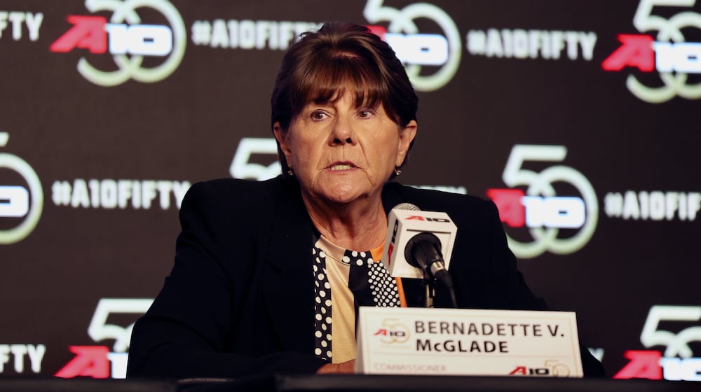 Commissioner Bernadette V. McGlade speaks at Atlantic 10 Conference Media Day on Tuesday, Sept. 30, 2025, in Pittsburgh. David Jablonski/Staff