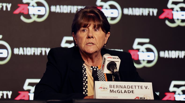Commissioner Bernadette V. McGlade speaks at Atlantic 10 Conference Media Day on Tuesday, Sept. 30, 2025, in Pittsburgh. David Jablonski/Staff