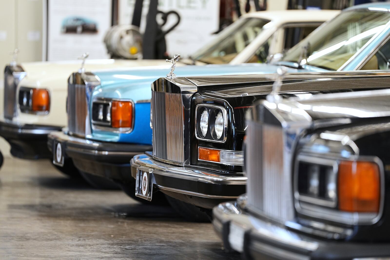 Shown are various vehicles in the garage at The Rolls-Royce Foundation in Mechanicsburg, Pa., Saturday, April 5, 2025. (AP Photo/Matt Rourke)