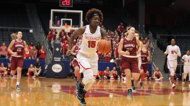 Dayton’s Tiaera Phillips dribbles against Indianapolis in an exhibition game on Thursday, Nov. 1, 2018, at UD Arena.