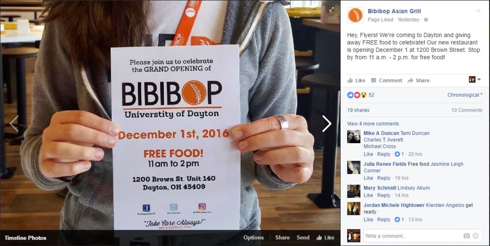 Screen grab of  Bibibop's Facebook post.
