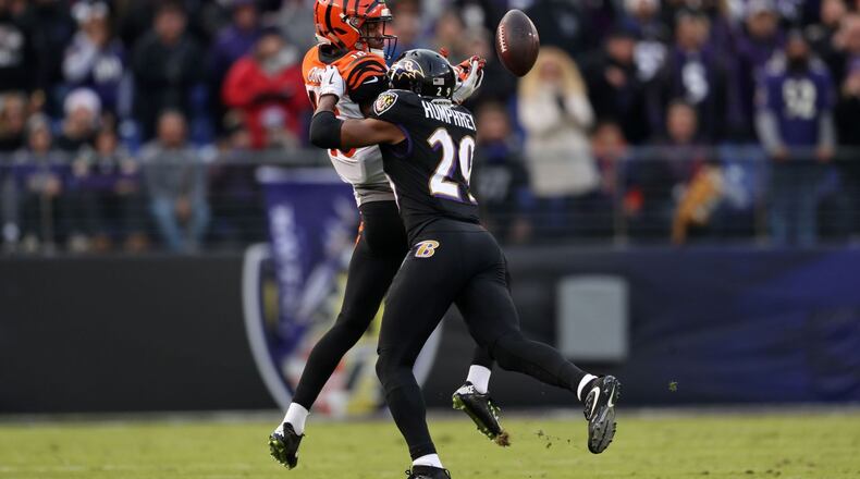 BALTIMORE, MD - NOVEMBER 18: Cornerback Marlon Humphrey #29 of the Baltimore Ravens breaks up a pass intended for wide receiver Cody Core #16 of the Cincinnati Bengals in the fourth quarter at M&T Bank Stadium on November 18, 2018 in Baltimore, Maryland. (Photo by Patrick Smith/Getty Images)