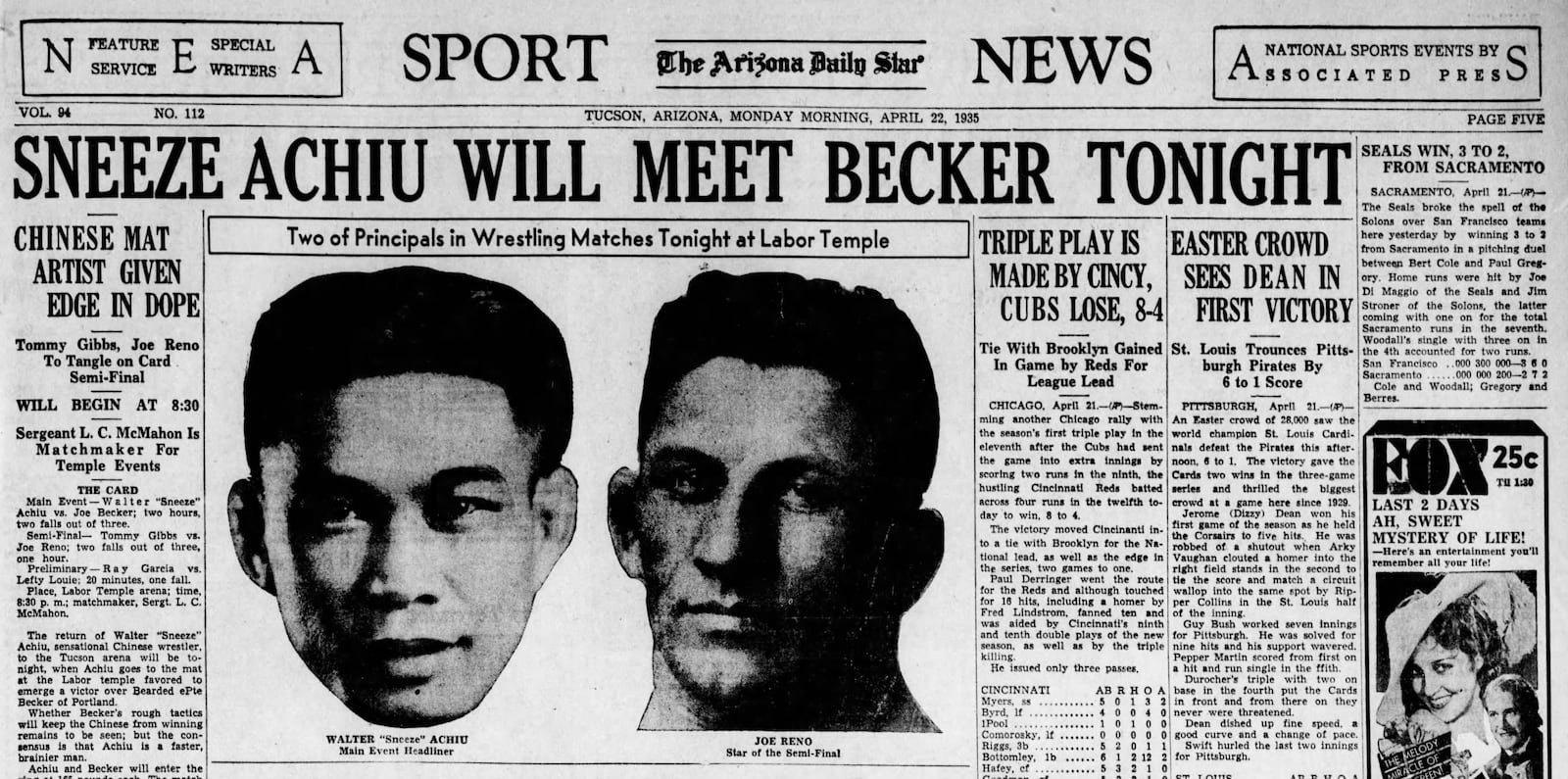 A 1935 edition of the Arizona Daily Star featured Sneeze Achiu, who it called ‘’the sensational Chinese wrestler,”  who was returning to Tucson with much fanfare to wrestle Pete Becker in a two-hour or best of three falls headline match. CONTRIBUTED PHOTO