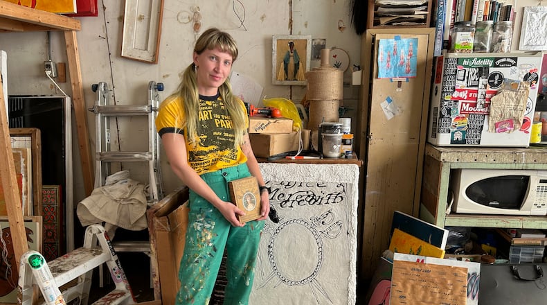 Ashley Speelman in her studio. “My whole life I’ve wanted to try to be an environmental activist in my own way and try to figure out how to do it in art. My great-grandmother was born and raised in Dayton. She was an artist and would teach classes in the Great Depression called ‘Something From Nothing’. She would show people how to make art out of trash and things around the house. She saw value in every last thing. I base my whole art practice around that dogma. I want to carry on her legacy.”