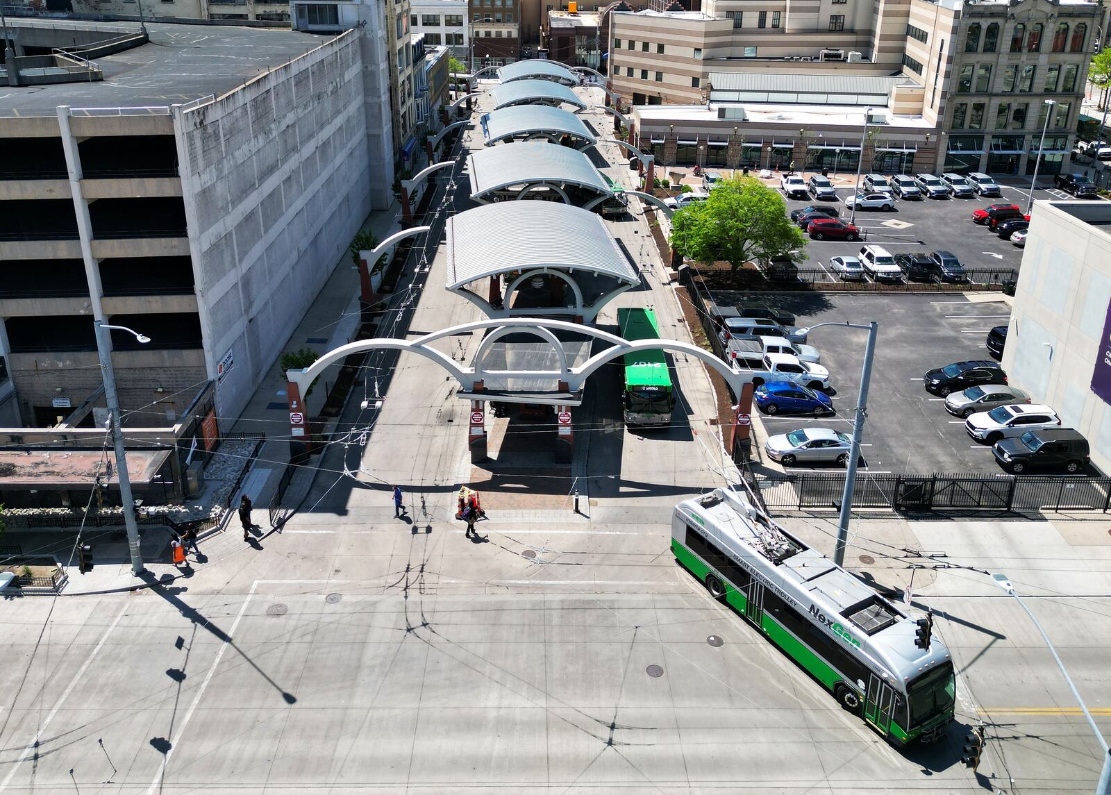 Dayton RTA buses exit the hub in downtown Dayton Wednesday, April 22, 2025. NICK GRAHAM/STAFF