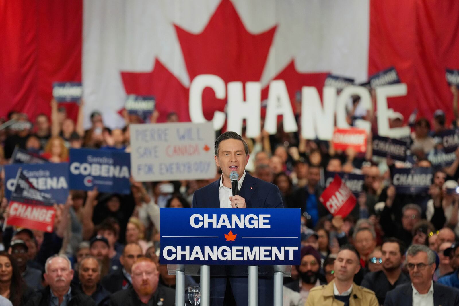 Conservative leader Pierre Poilievre holds a Canada First Rally For Change, in Vaughan, Ontario, April 22, 2025. (Chris Young/The Canadian Press via AP File)