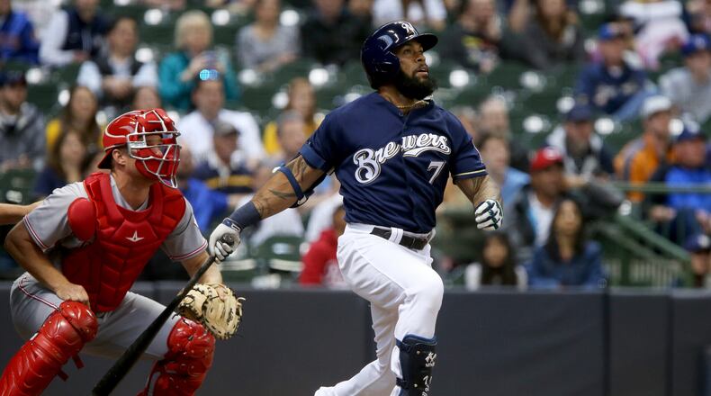 MILWAUKEE, WI - APRIL 24: Eric Thames #7 of the Milwaukee Brewers hits a home run in the first inning against the Cincinnati Reds at Miller Park on April 24, 2017 in Milwaukee, Wisconsin. (Photo by Dylan Buell/Getty Images)