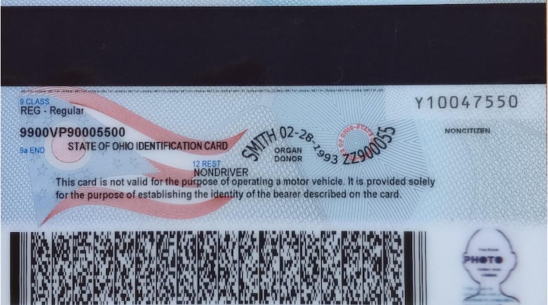 The new, free Ohio ID cards feature a citizenship indicator, with immigrants who can obtain and ID having the word "noncitizen" printed on the back of their cards. Photo provided by the Ohio Bureau of Motor Vehicles.