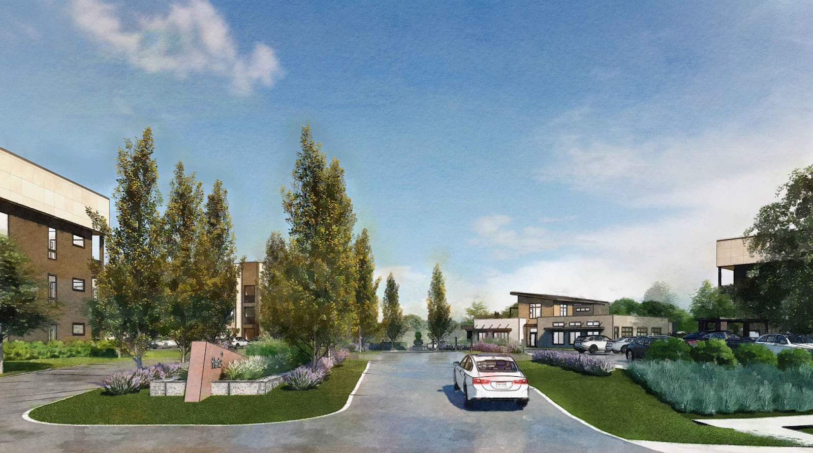 A rendering of the modern, market-rate-plus VC Flats apartments on 28.5 acres within the Miami Valley Research Park in Kettering. The project is the first large multifamily development in the city since the mid-1980s. Amenities include a clubhouse, fitness center, pool, sand volleyball, outdoor patio and rooftop deck overlooking the pond. The apartments are adjacent to the Sixth River office park and surrounded by major employers such as Reynolds & Reynolds, Solvita and Matrix Research. CONTRIBUTED