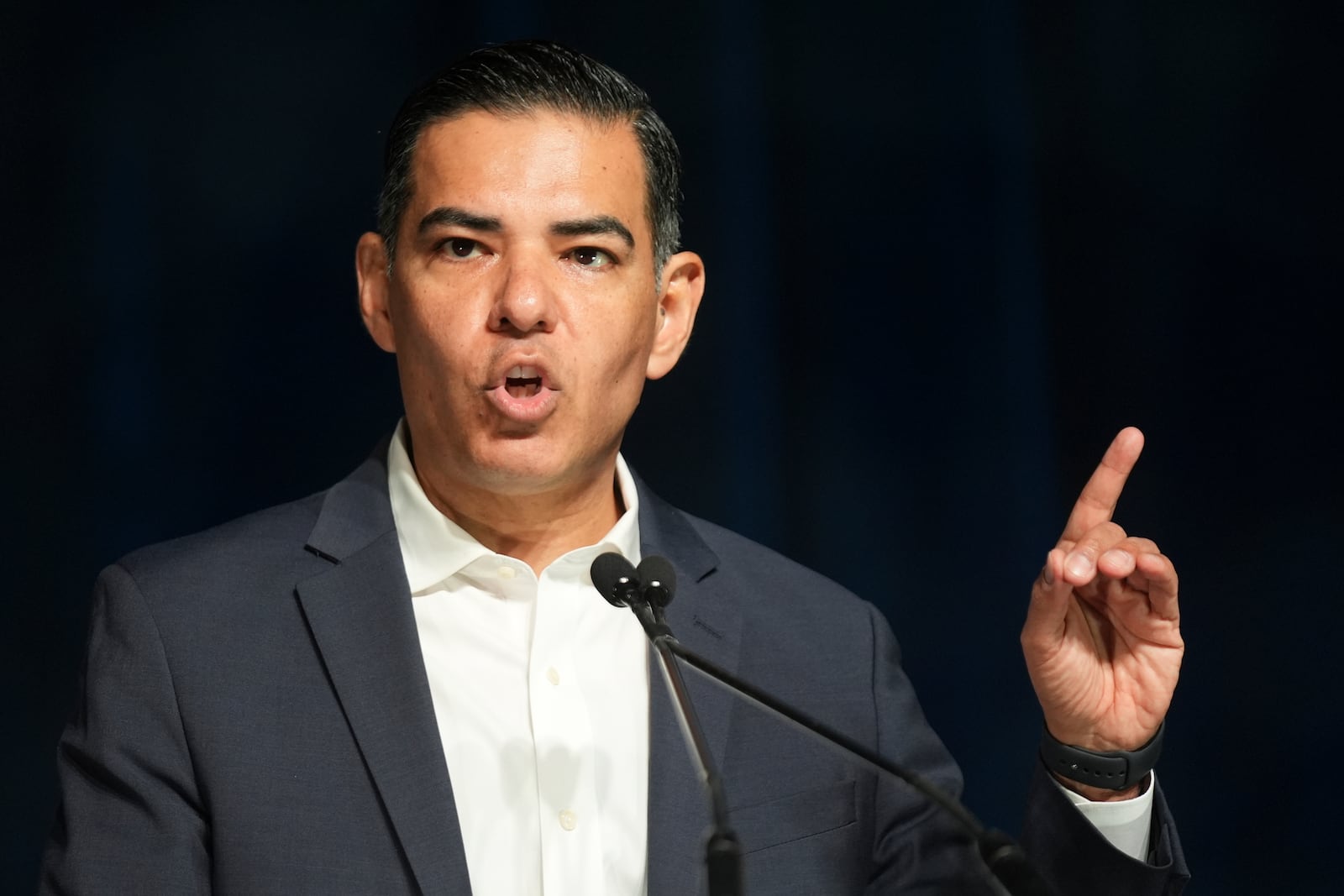 FILE - Rep. Robert Garcia, D-Calif., speaks at the California Democratic Party's 2025 State Convention at the Anaheim Convention Center in Anaheim, Calif., May, 31, 2025. (AP Photo/Damian Dovarganes, File)