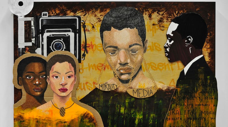 The latest Visual Voices exhibition features Breanna Cole's "We Have a Long, Long Way to Go." Mixed media, 24” × 36” × 2”. PHOTO BY BREANNA COLE