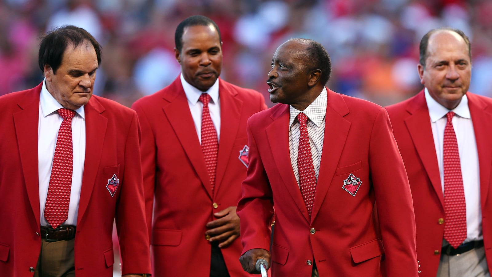 Former  Reds players -- left to right -- Pete Rose, Barry Larkin, Joe Morgan and Johnny Bench had their hands full with the Dodgers in the 1970s, when both teams were in the National League West. Rose, Morgan and Bench played for the Big Red Machine back then, and Larkin was a fan while growing up in Cincinnati. Here, they walk on the field prior to the 86th MLB All-Star Game at the Great American Ball Park in 2015.
