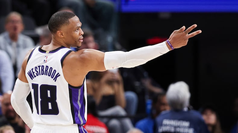 Sacramento Kings guard Russell Westbrook (18) gestures after making a 3 point basket during the second half of an NBA basketball game against the Los Angeles Clippers, Saturday, March 14, 2026, in Inglewood, Calif. (AP Photo/Jessie Alcheh)