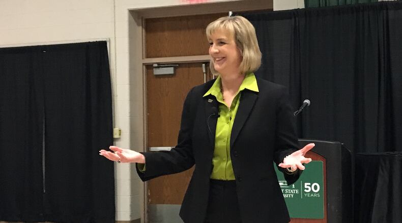 Cheryl Schrader, the third and final presidential candidate to visit Wright State University, speaks at a forum in the student union on campus Wednesday. Schrader is chancellor of the Missouri University of Science and Technology.