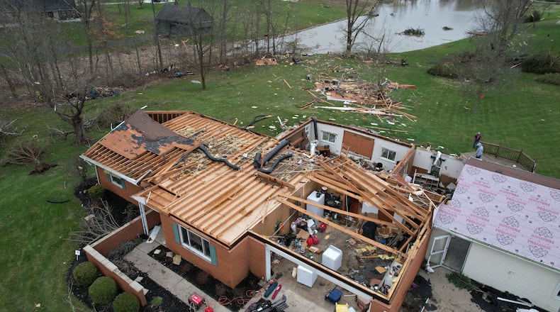 Several houses on Rangeline Road and Klinger Road in northwest Miami County were badly damaged by a tornado that hit Thursday evening, Mach 14, 2024. JIM NOELKER / STAFF