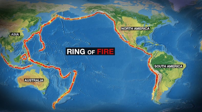 Most earthquakes recorded across the globe tend to fall in an area that surrounds the Pacific Ocean called the Ring of Fire. CONTRIBUTED
