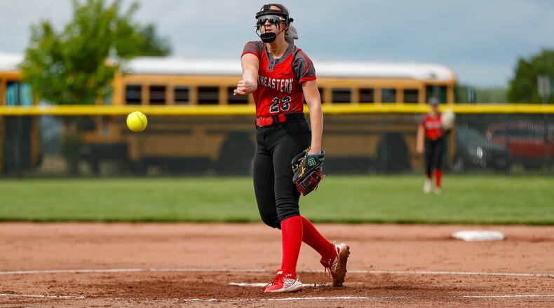 Southeastern High School's Reese Wells throws a pitch during their game against Tri-Village at Newton High School in 2024. Michael Cooper/CONTRIBUTED PHOTO