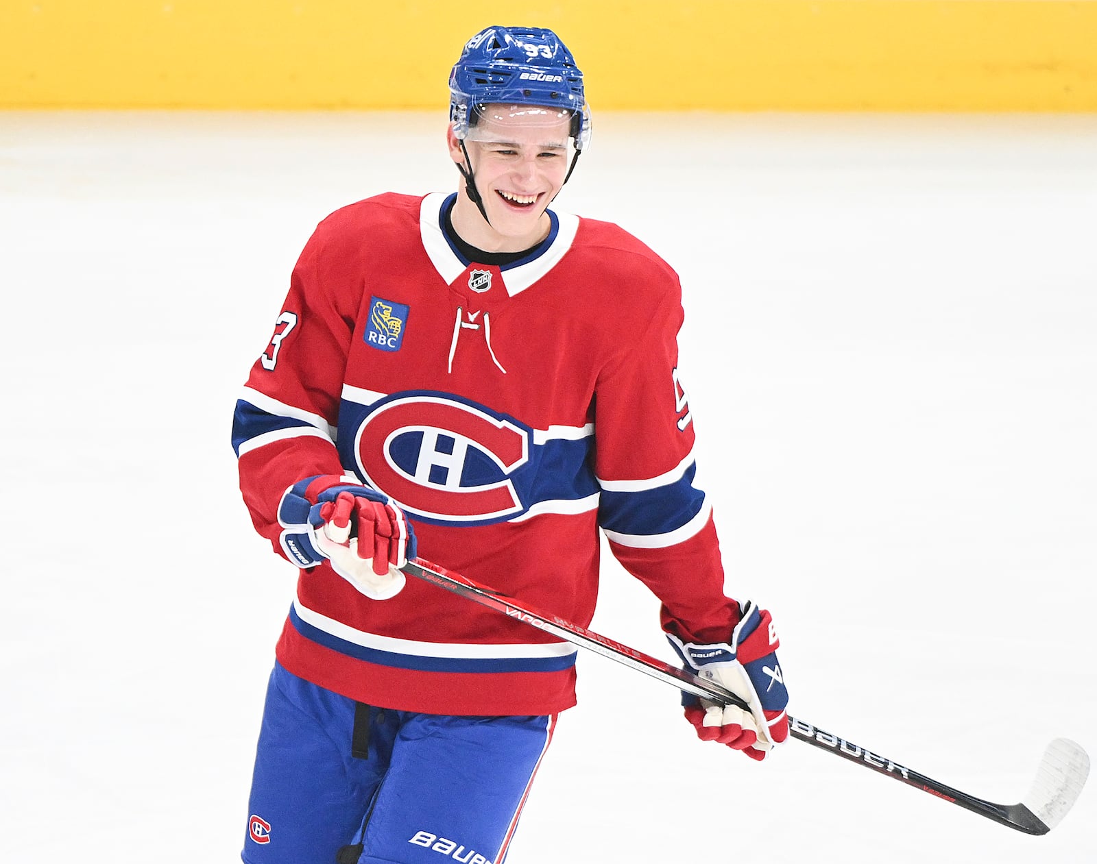 Montreal Canadiens' Ivan Demidov smiles as he skates prior to an NHL hockey game against the Chicago Blackhawks in Montreal, Monday, April 14, 2025. (Graham Hughes/The Canadian Press via AP)