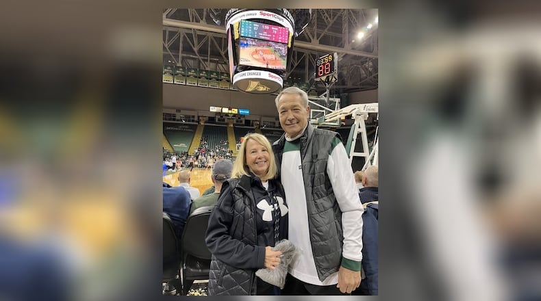 Wright State legend Bob Grote and wife Becky Grimes recently at a Wright State game at the Nutter Center. CONTRIBUTED